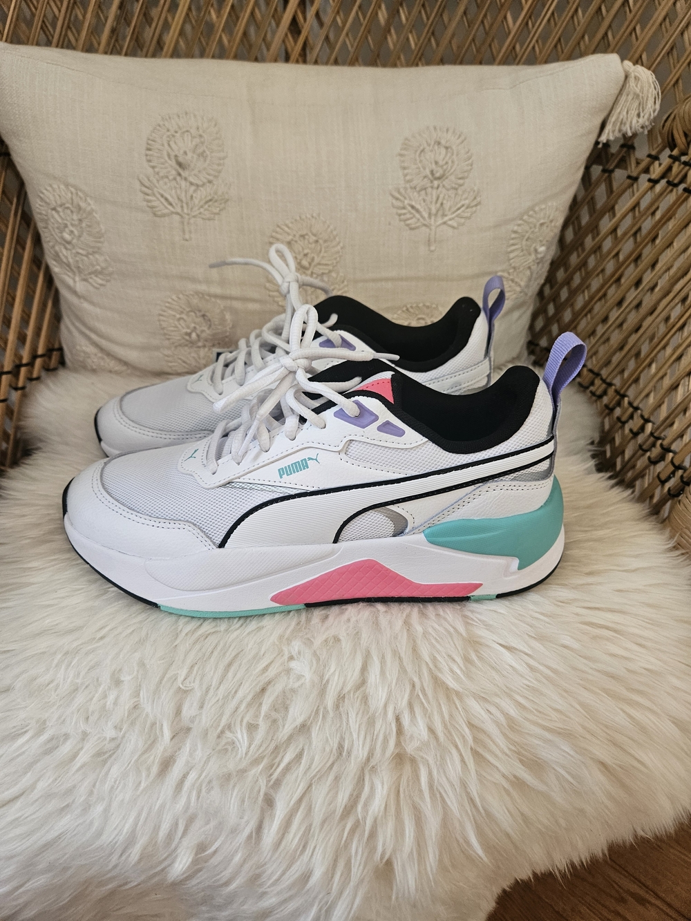 Puma White Sneakers with Mint, Pink & Purple Accents